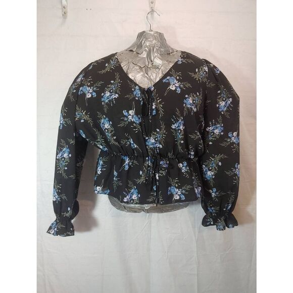 Primark Women's Size 16 Black With Blue Floral Sheer Peplum Blouse - Picture 1 of 8
